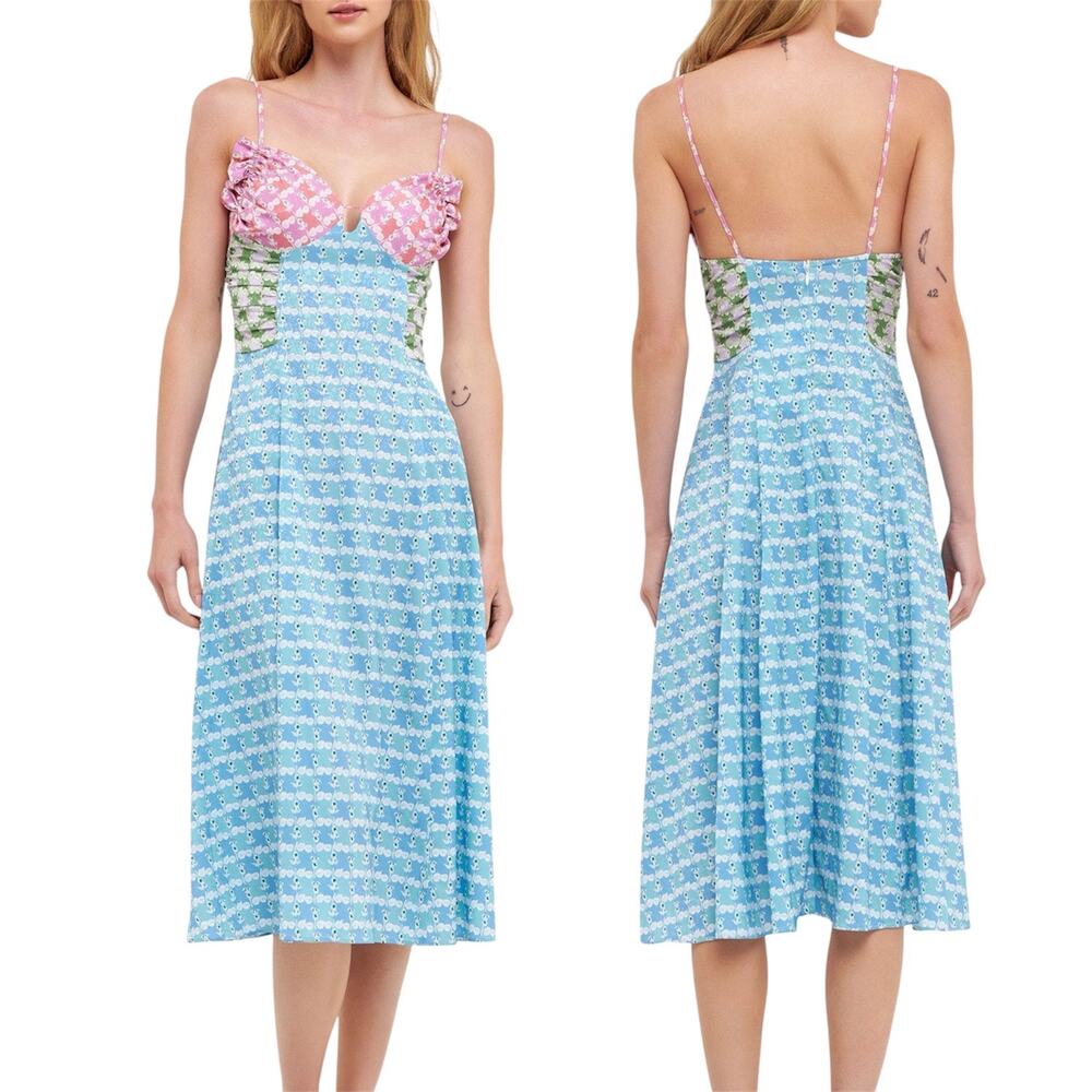 English Factory Romantic Floral Satin Midi Dress Womens Large NEW Dainty Ruffles